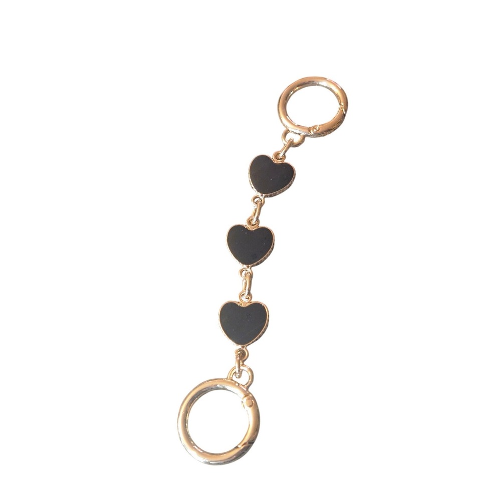 Gold‎ Tone Black Enamel Triple Heart Keychain Bag Charm with Spring Gate Rings
